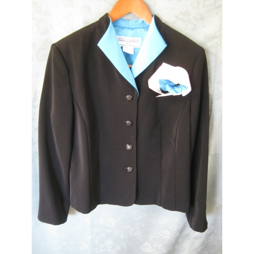 Jessica Howard Size 14P Blazer Black & Bright Blue w/ Corsage Pin NWOT